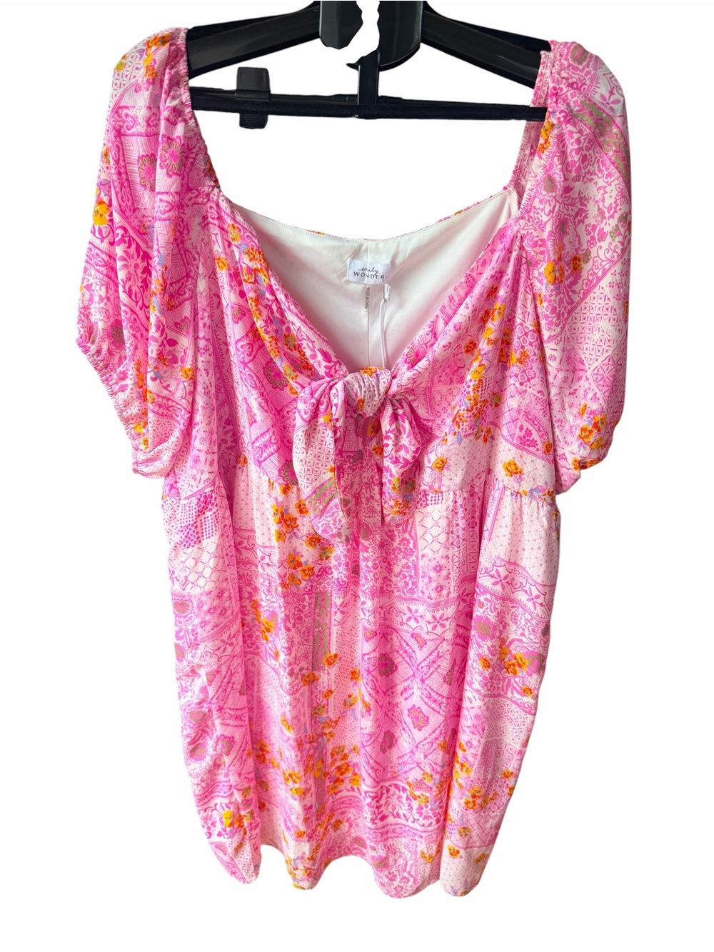 Women's Pink Floral Midi Dress with Tie Front